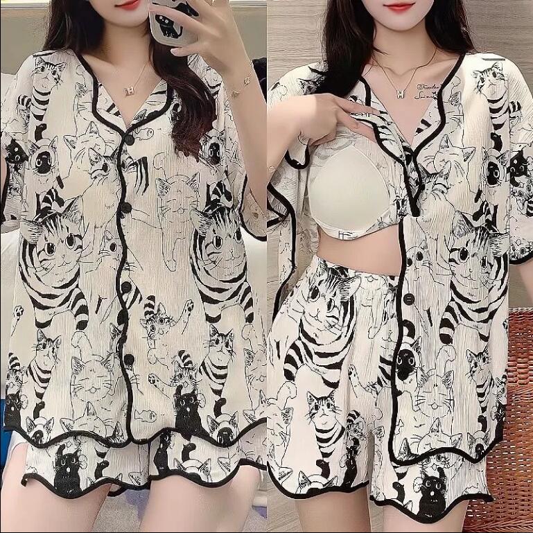 帶胸墊睡衣女夏天薄款短袖短褲可愛卡通女生大碼家居服開衫兩件套【步行者戶外生活館】P