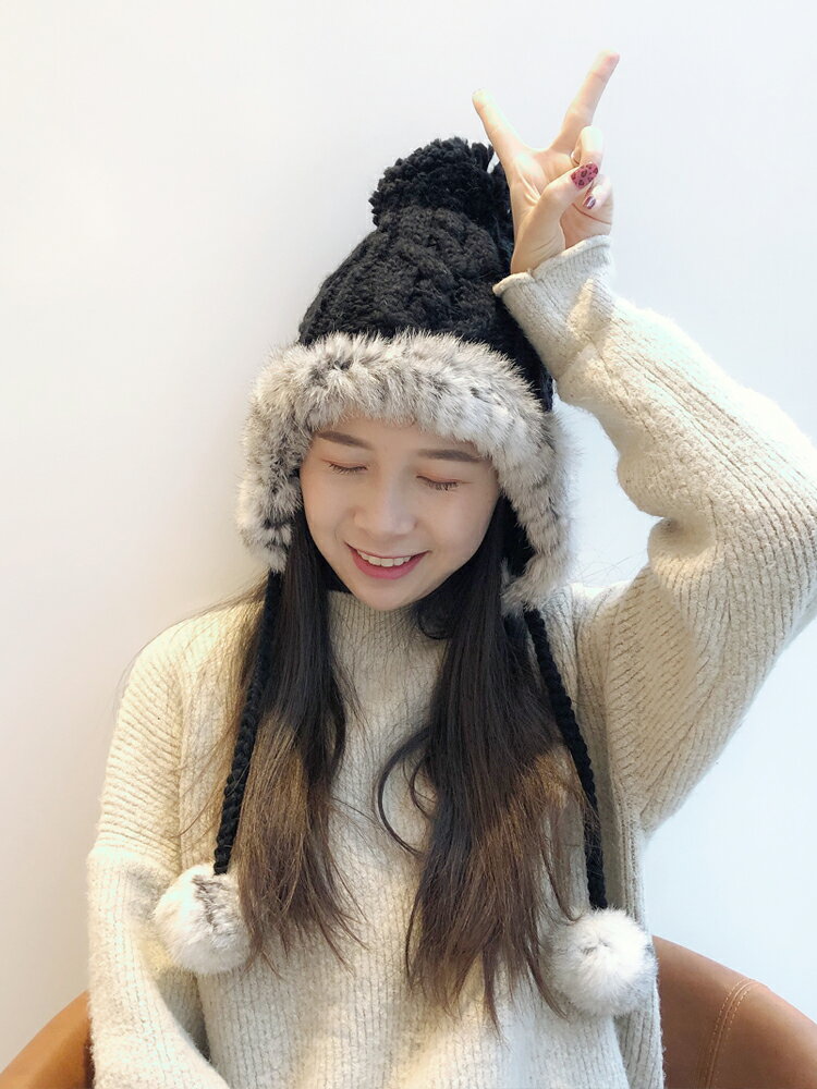 兔毛雷鋒帽子女冬韓版雙層加厚保暖毛球毛線帽甜美可愛護耳滑雪帽1入