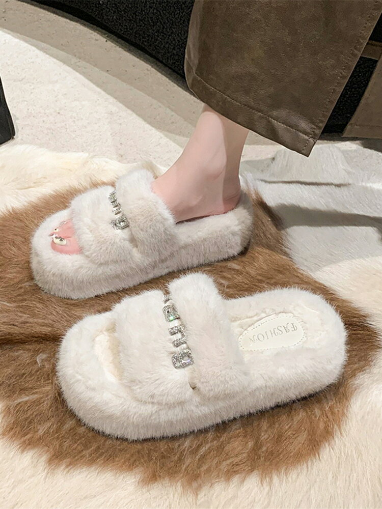 毛毛拖鞋女外穿2024年新款秋冬網紅時尚百搭水鉆厚底加絨一字棉拖【淘夢屋】