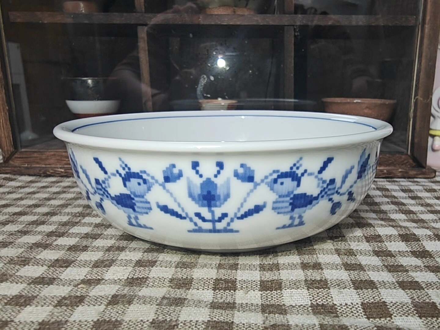 昭和時期則武Noritake青花卡通小鳥大碗 超稀有日本迴流骨瓷 馬賽克風格內外繪 米飯碗湯碗 口徑14.3cm