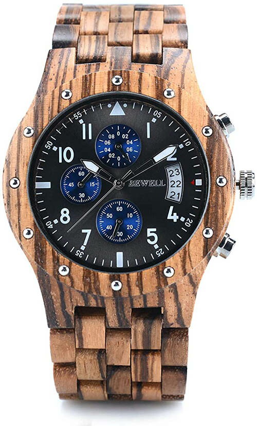Bewell【日本代購】復古懷舊木錶 男性木質手錶 日曆 - 斑馬木-W109D