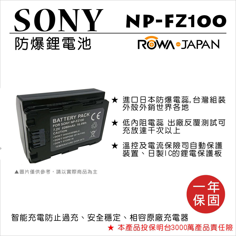 ROWA 樂華 FOR SONY NP-FZ100 NPFZ100 電池 外銷日本 原廠充電器可用 全新 保固一年 ILCE-9 A7RIII a7r3 A9 7RM3 a7m3 7m3 【APP下單點數 加倍】