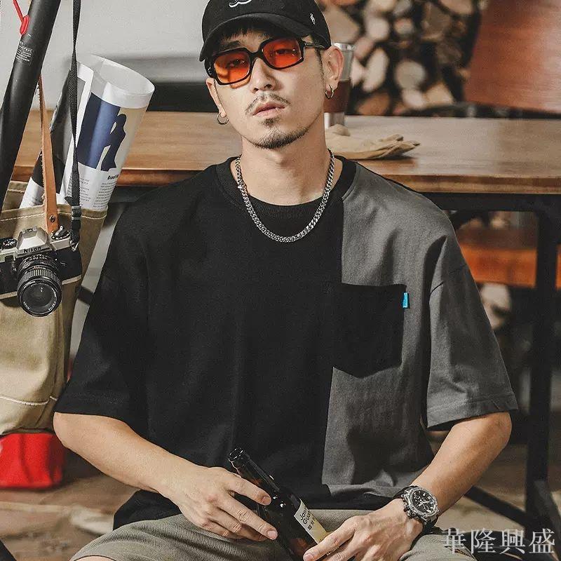 美式潮牌ins男士短袖t恤夏季加肥加大碼拼接印花男裝口袋半袖衣服