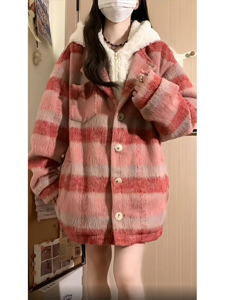 假兩件紅色格子棉衣棉服女冬季加厚oversize高階感超好看毛呢外套