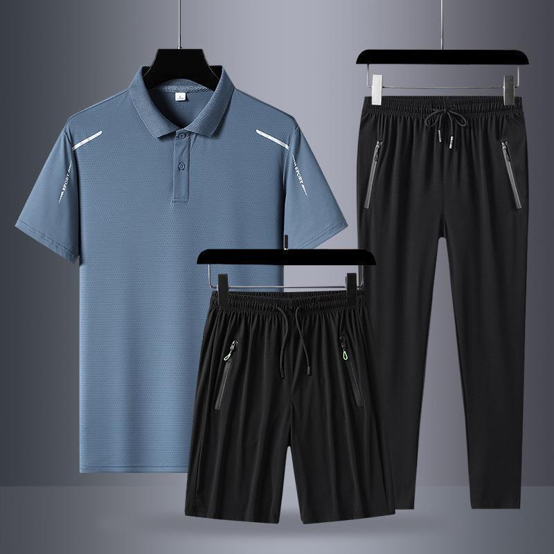 冰絲中老年三件套男夏裝套裝士運動休閑夏季爸爸短袖POLO衫衣服 UM有米家居