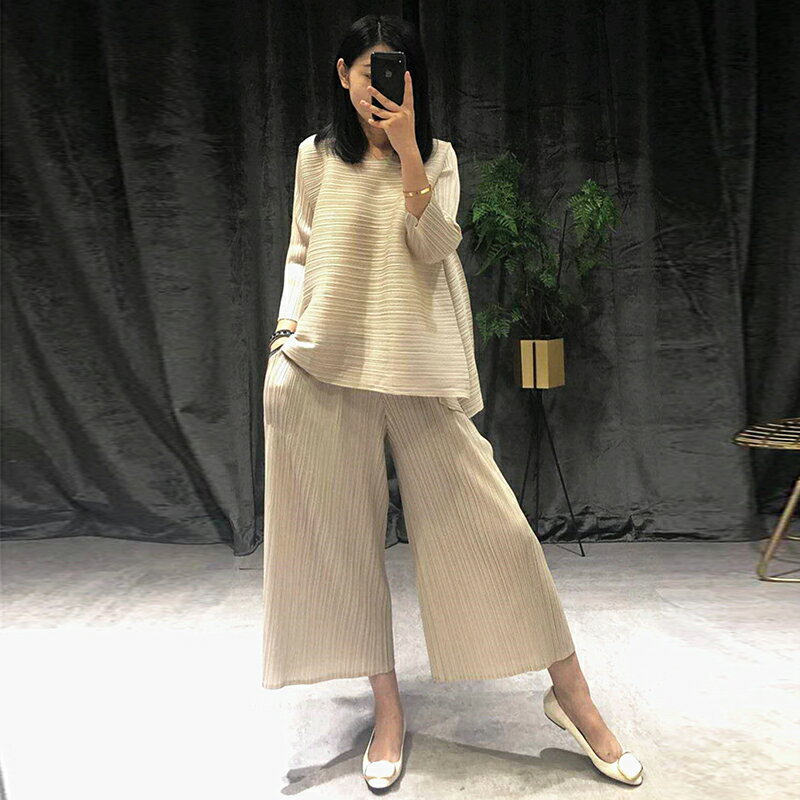現貨+預購 休閒套裝長袖褲裝(兩件套)-純色T恤高彈力褶皺三宅女褲子5色73yo25【獨家進口】【米蘭精品】