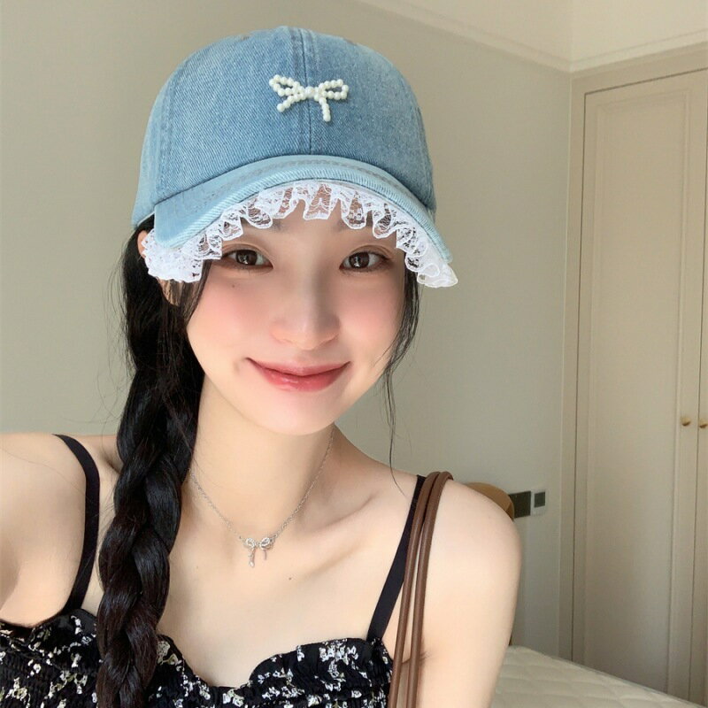 甜度超標~珍珠蝴蝶結蕾絲邊鴨舌帽女夏季寬簷遮陽防曬牛仔棒球帽