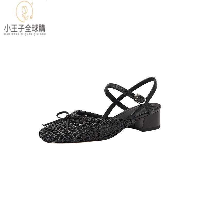 【公司現貨速發】免運 開發票 小短靴 堆堆靴 真皮女鞋 羊皮鞋 小皮鞋 樂福鞋升級鏤空包頭涼鞋夏蝴蝶結圓頭編織低跟一字帶休閑舒適大碼鞋 定製