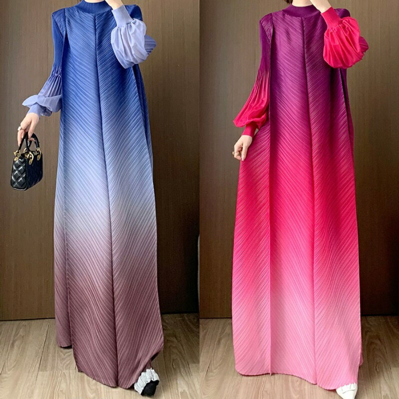 【巴黎精品】現貨+預購 三宅風皺褶衣服洋裝-長袖摺衣壓褶燈籠袖漸變色花苞裙折衣女裙子4色a1jq74