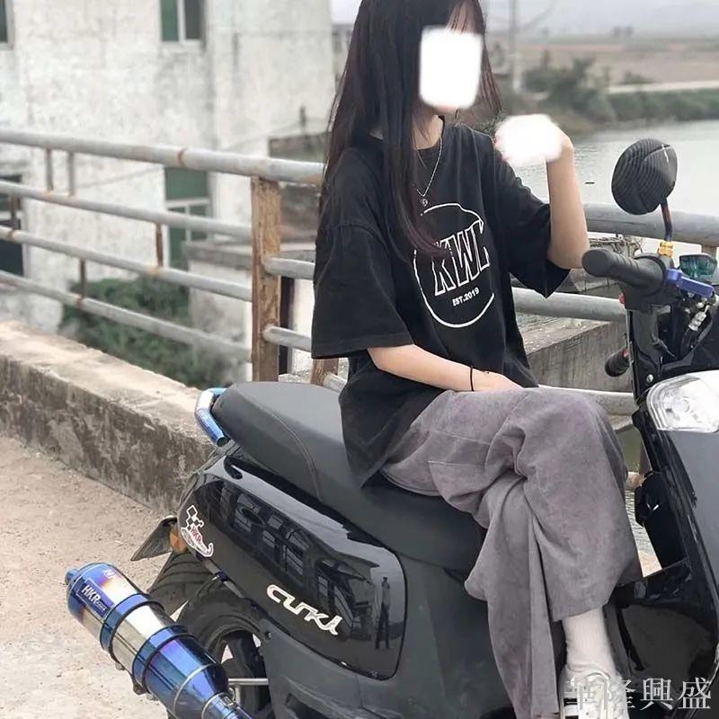 夏季兩件套女學生寬松高腰直筒燈芯絨闊腿褲+日系印花短袖套裝女