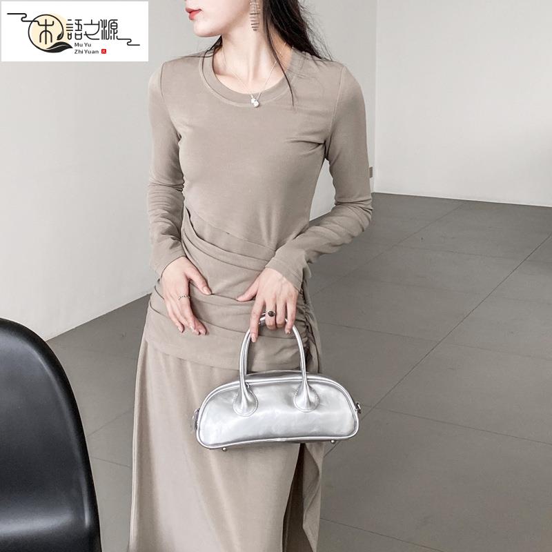 【臺灣公司貨】保齡包女高階感小眾設計法棍包新款手提包包真皮單肩斜挎女包