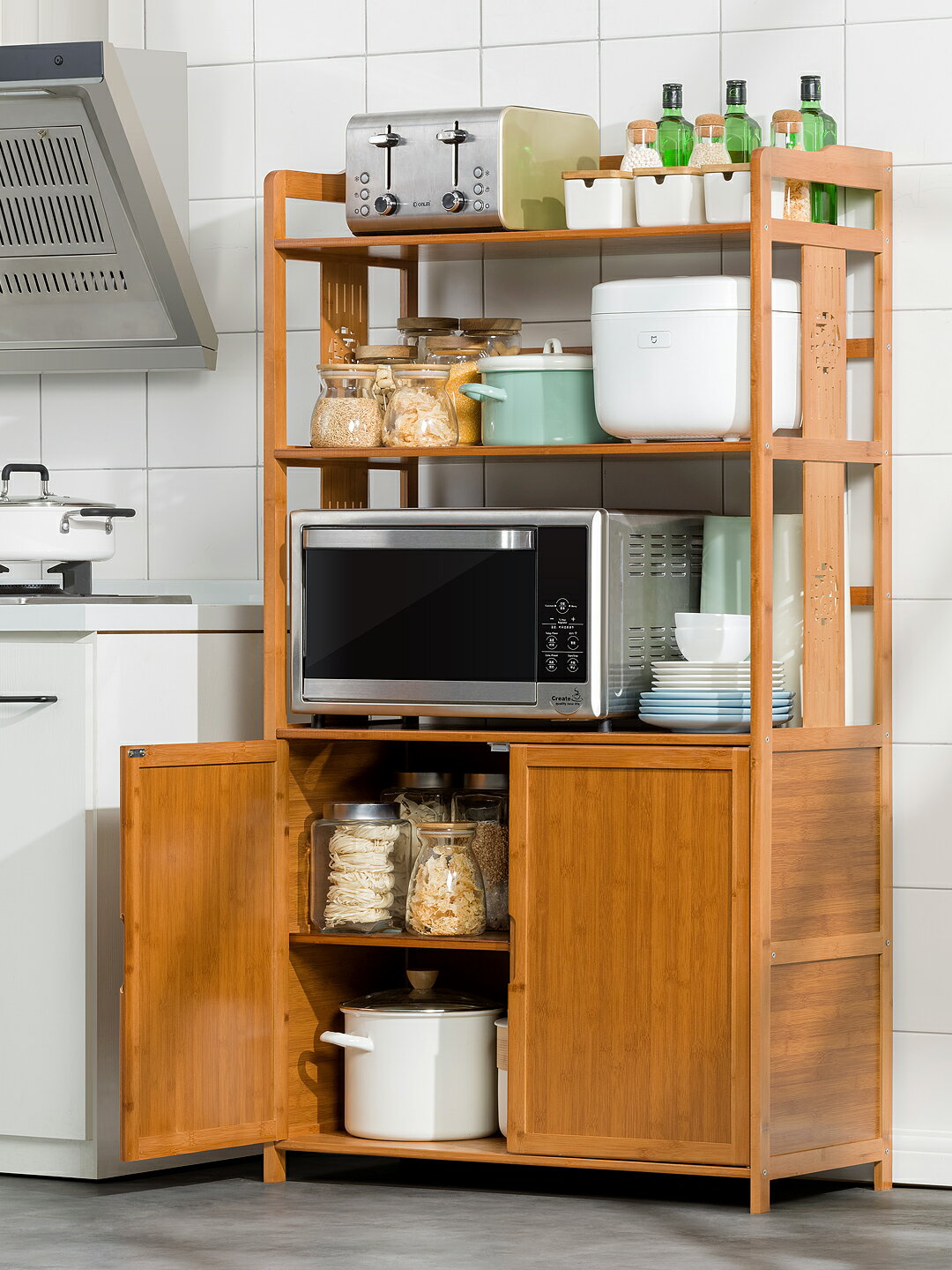 廚房置物架楠竹帶門碗碟調料收納落地多層烤箱微波爐儲物櫥柜子