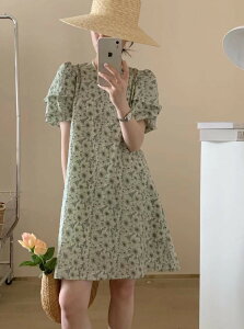 韓國夏季復古碎花泡泡袖中長款A字連身裙子洋裝女