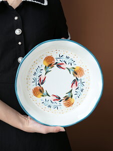 北歐ins 手繪派盤陶瓷家用烘焙 四季大號菜盤水果沙拉盤西餐盤