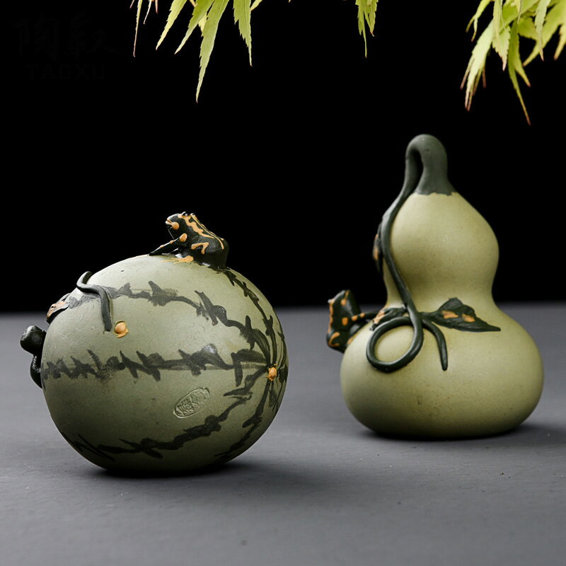從簡宜興紫砂茶寵西瓜葫蘆雕塑擺件功夫茶具茶道零配噴水雅玩茶玩