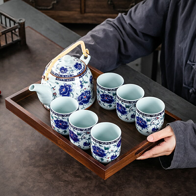 家用茶具套裝大容量提梁壺大號茶壺茶杯托盤套組功夫花茶水壺P