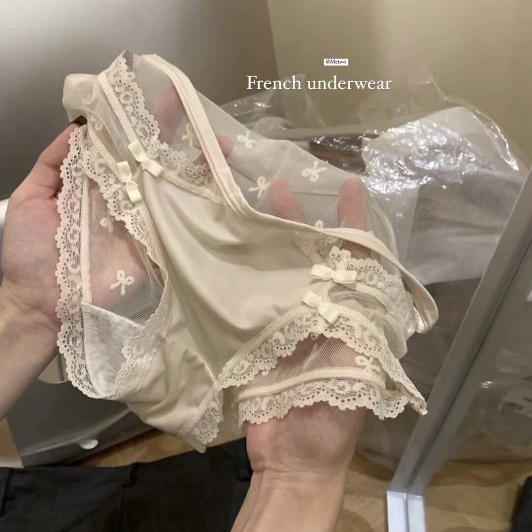 法式純欲半透明蕾絲邊蝴蝶結內褲女透氣舒適性感純棉襠女士三角褲 鑫弘-素時衣櫥