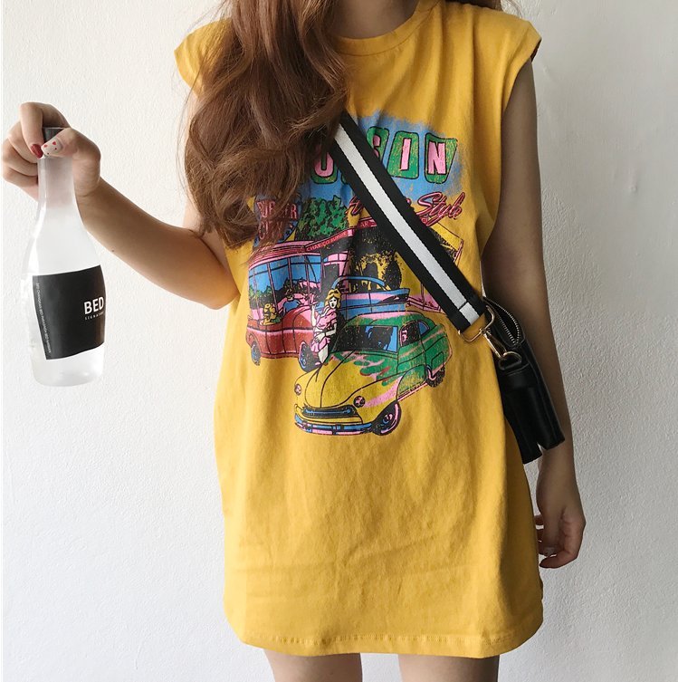 FINDSENSE H1 2018 韓國 夏季 無袖背心 中長款 女 印花 T恤 原宿 寬松 無袖上衣 潮