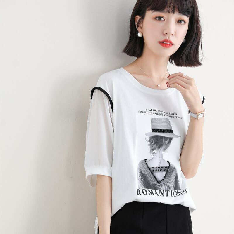 白色t恤女裝夏裝年新款短袖印花雪紡體恤寬松大版冰絲上衣黑