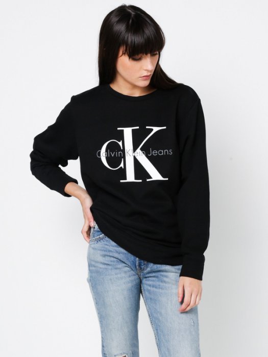 美國百分百【Calvin Klein】T恤 CK 女 長袖 大學T 寬鬆版 T-shirt 黑色 XS-M號 I053