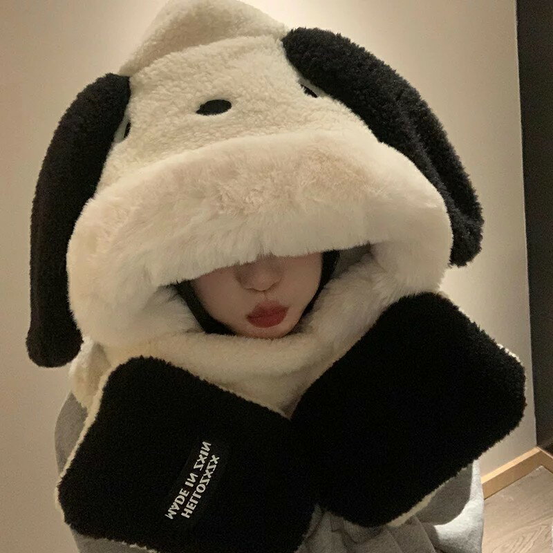 小狗可愛毛絨帽子圍巾一體女秋冬季卡通可愛加厚保暖手套三件套