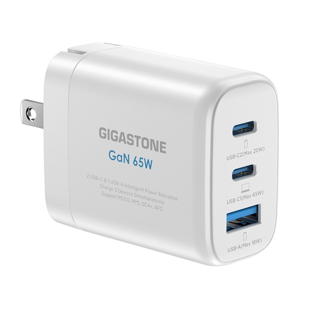 GIGASTONE 65W氮化鎵Type-c三孔快速充電器-白【九乘九購物網】