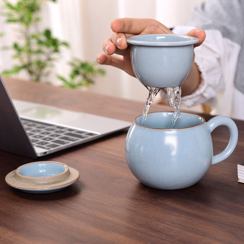 【喜挖】馬克杯辦公杯帶茶漏帶蓋國風哥窯日式陶瓷青瓷會議室泡茶杯過濾
