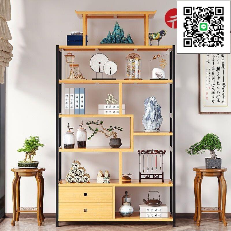 【免運】屏風隔斷 竹藝博古架 新中式酒櫃 金屬展示櫃 多寶閣古董擺件櫃 置物架 落地鏤空收納架 陳列架 免運