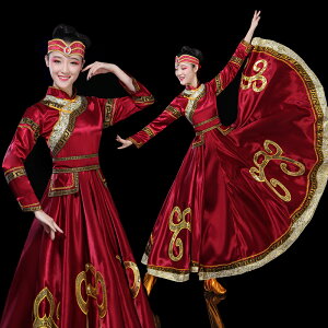 新款蒙古女族演出服長款少數民族舞蹈演出服藏族蒙古袍大擺裙成人