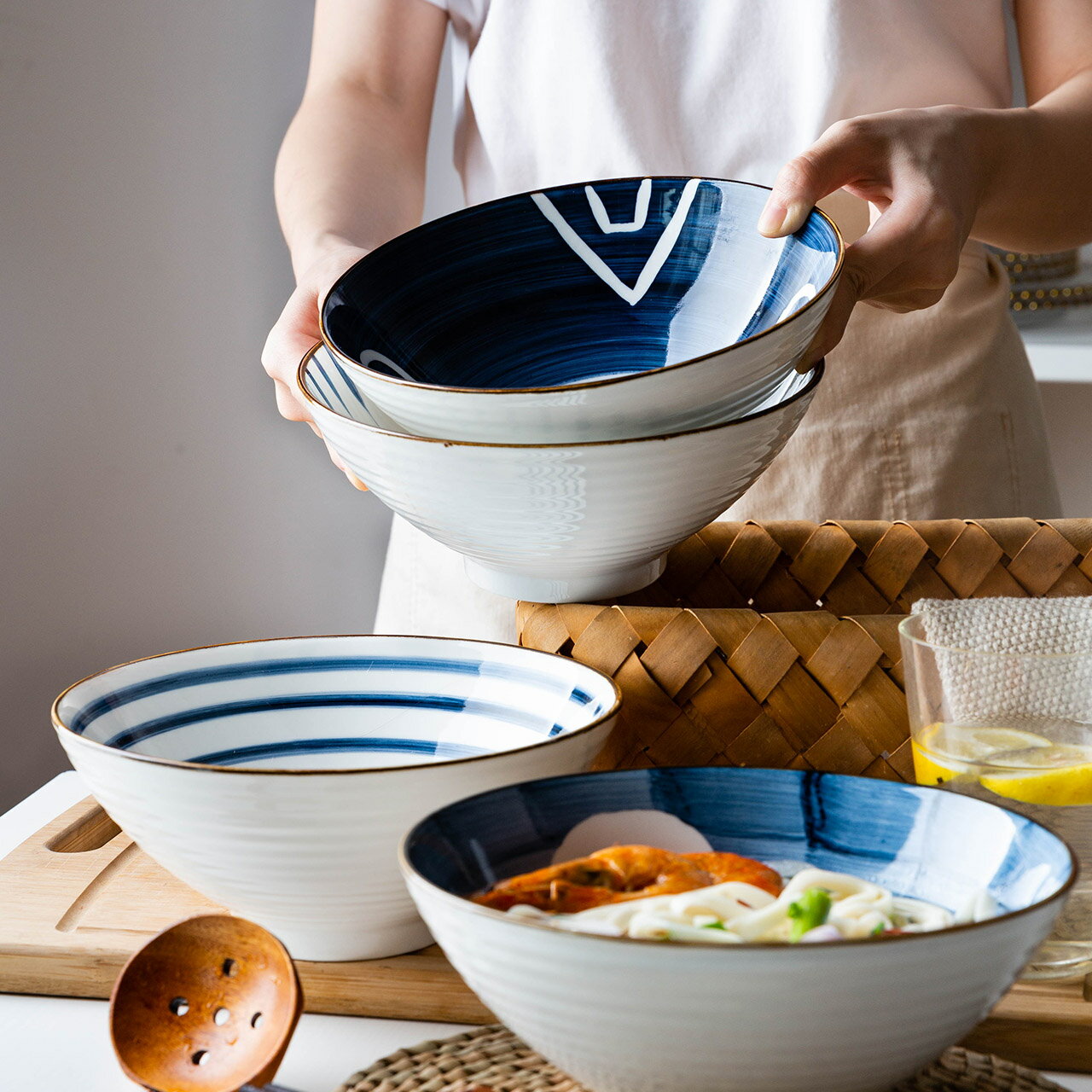 摩登主婦青瑤日式拉面碗湯碗沙拉碗家用陶瓷大碗斗笠碗泡面碗餐具