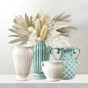 新款出口歐式復古線條雙耳冰裂釉陶瓷花瓶插花室內裝飾品家居擺件