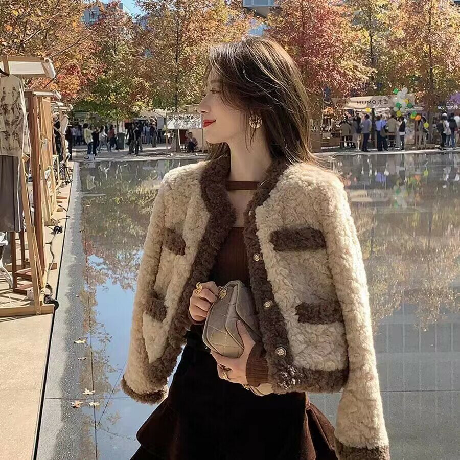 FUXI 小香風羊羔絨外套女 短版外套 毛絨外套 寬鬆毛毛外套 環保皮草外套 秋冬保暖外套 女裝 衣服