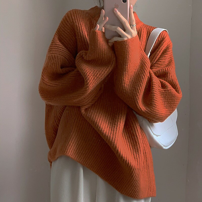 韓版寬松圓領長袖套頭針織毛衣女2021年春秋季新款慵懶風外穿上衣