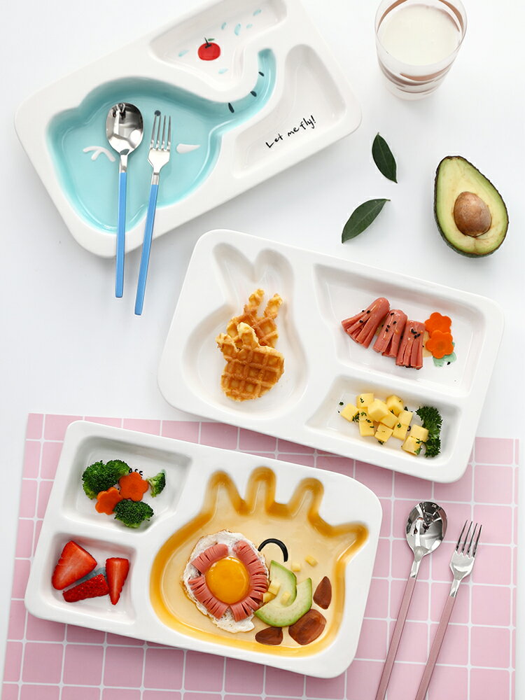 兒童陶瓷餐盤分格盤卡通分餐盤寶寶早餐盤子家用可消毒分隔菜盤