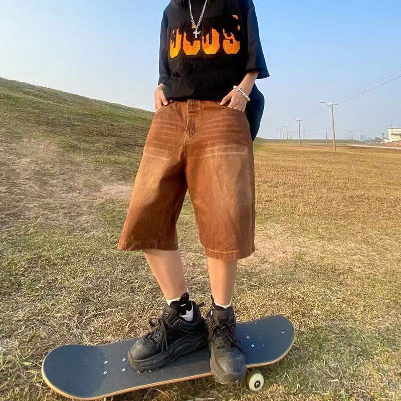 高街棕色漸變牛仔五分短褲女學生夏季個性寬松直筒闊腿中褲ins潮—貼心服飾