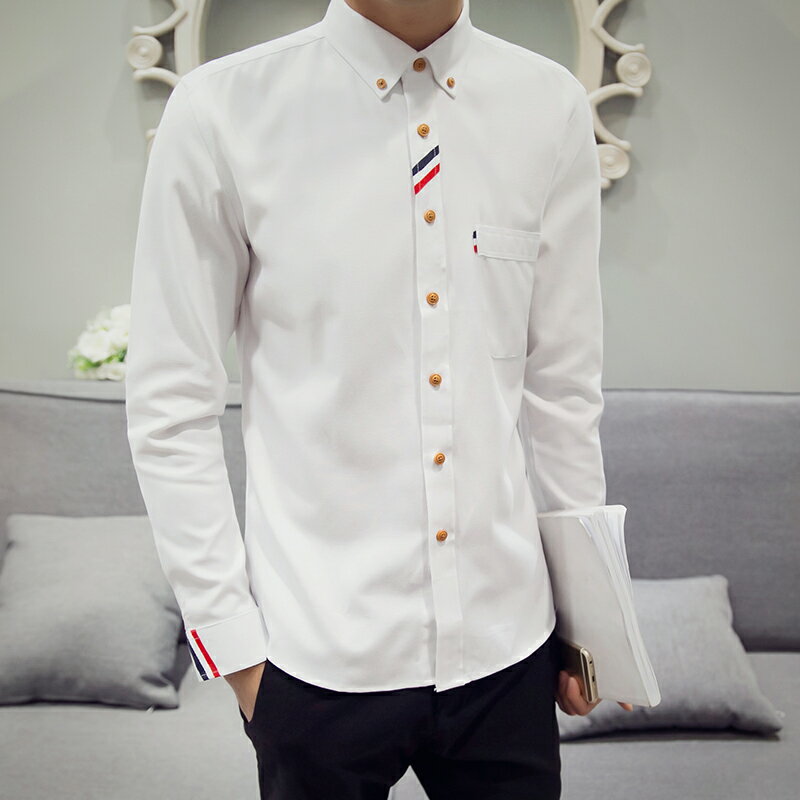 夏季男士長袖襯衫男修身春薄白襯衣男青少年學生韓版純色休閑外套