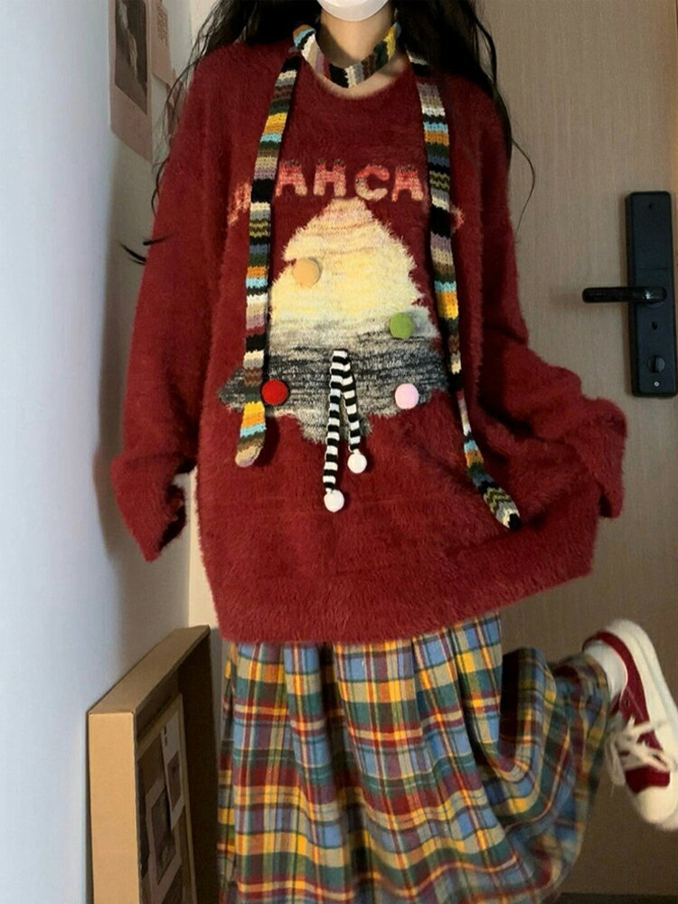 高級感超好看新年紅色卡通毛衣女秋冬季寬松慵懶風設計感針織外套
