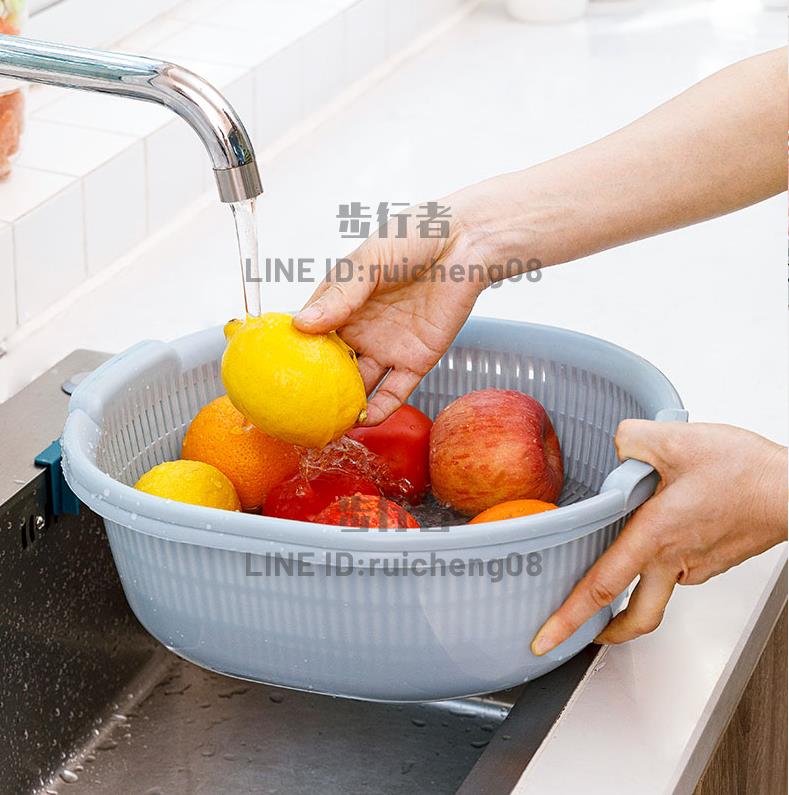 廚房雙層塑膠滴水籃洗菜盆洗水果籃多用淘米器洗菜籃瀝水籃濾水篩【步行者戶外生活館】
