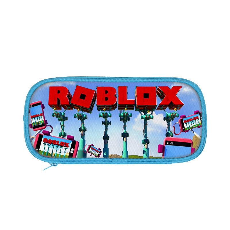 Roblox學生藍色雙層筆袋大容量鉛筆袋卡通兒童收納文具袋筆包