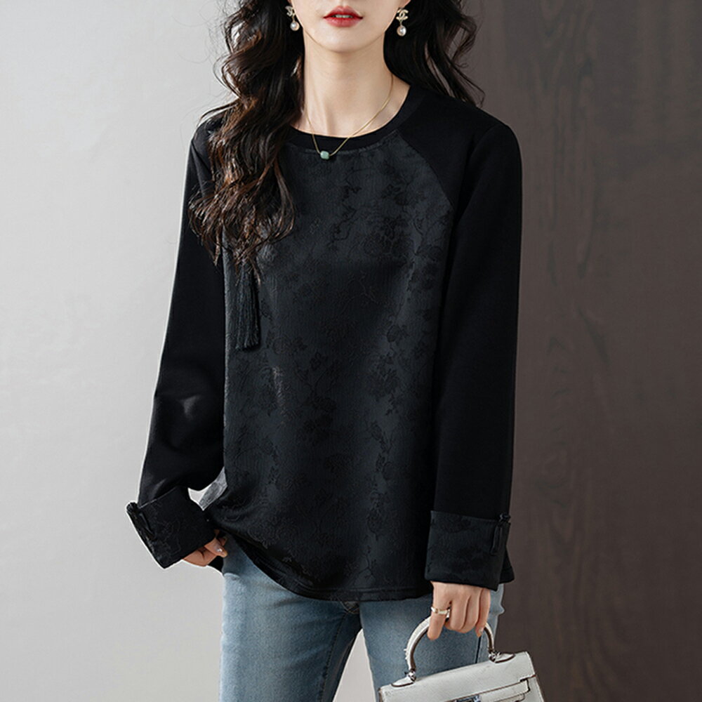 ＊ORead＊民族風緹花圓領長袖上衣(黑色S~4XL)