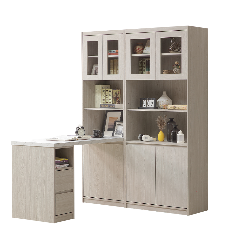 【直人木業】DA極簡風白榆木L型玻璃書櫃組140公分(落地款) 1