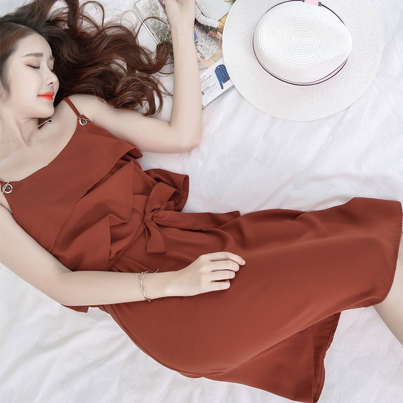 FINDSENSE G5 韓國時尚 荷葉邊 拼接 純色 吊帶 寬鬆 中長款 連身裙