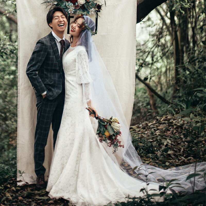 影樓主題服裝新款韓版情侶拖尾禮服攝影旅拍寫真外景拍照森系婚紗