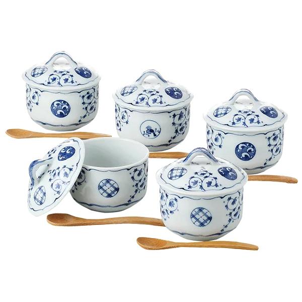 日本製 西海陶器 波佐見燒 唐草丸紋 5入 蒸碗組
