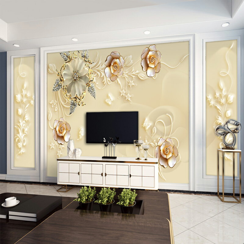 米柔 整張 電視背景墻 客廳裝飾簡約 定制凹凸立體金花壁畫壁紙 3D