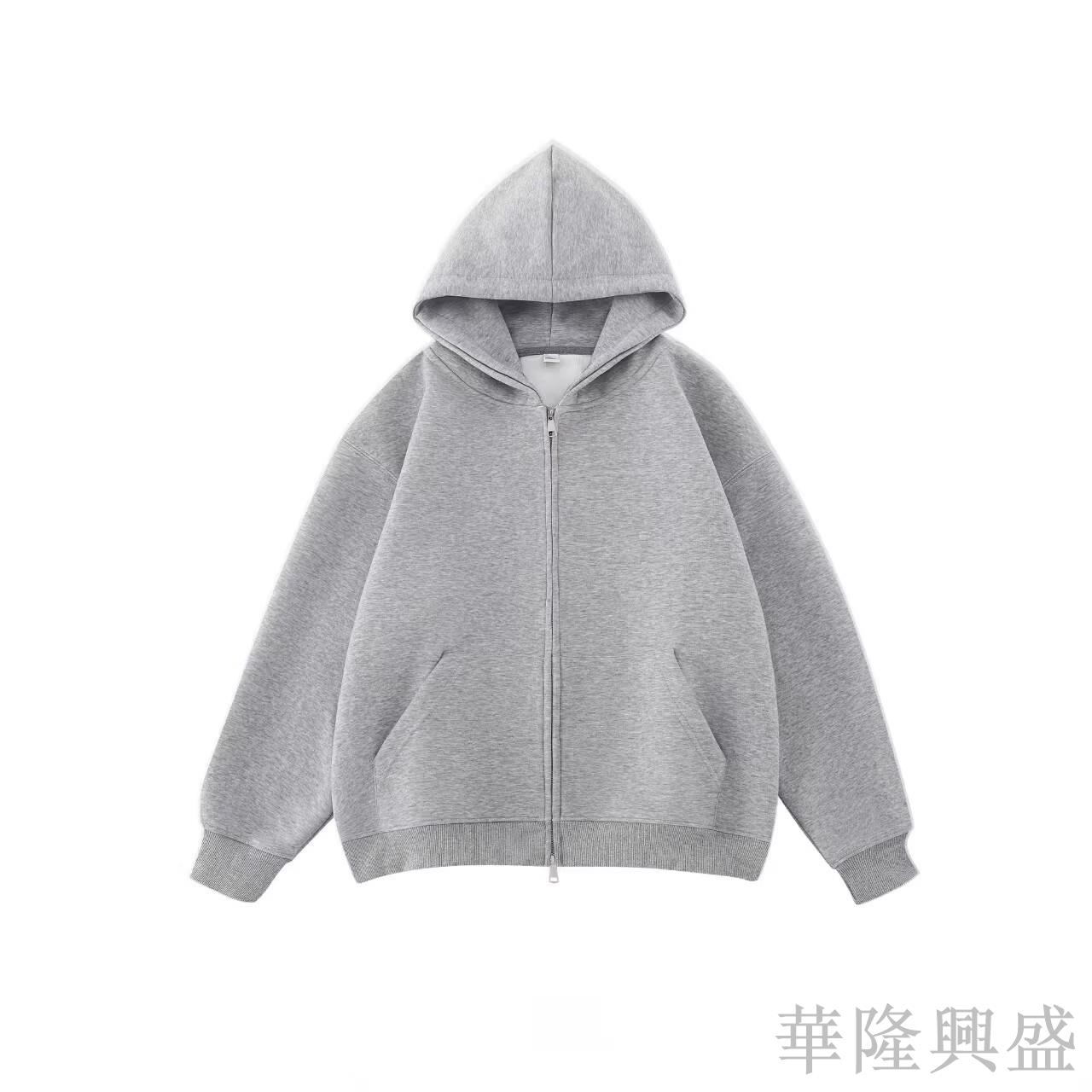華隆 白灰色雙拉鏈連帽衛衣女秋季2024新款oversize慵懶風寬松開衫外套