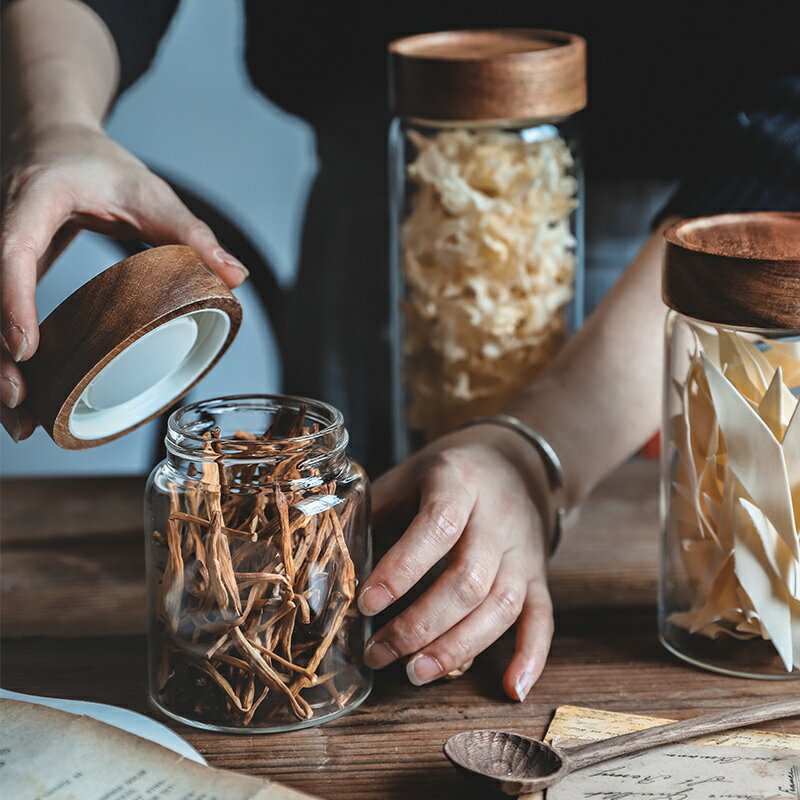 愛加家居高硼硅玻璃儲物罐相思木蓋密封罐日式雜糧收納瓶咖啡豆罐