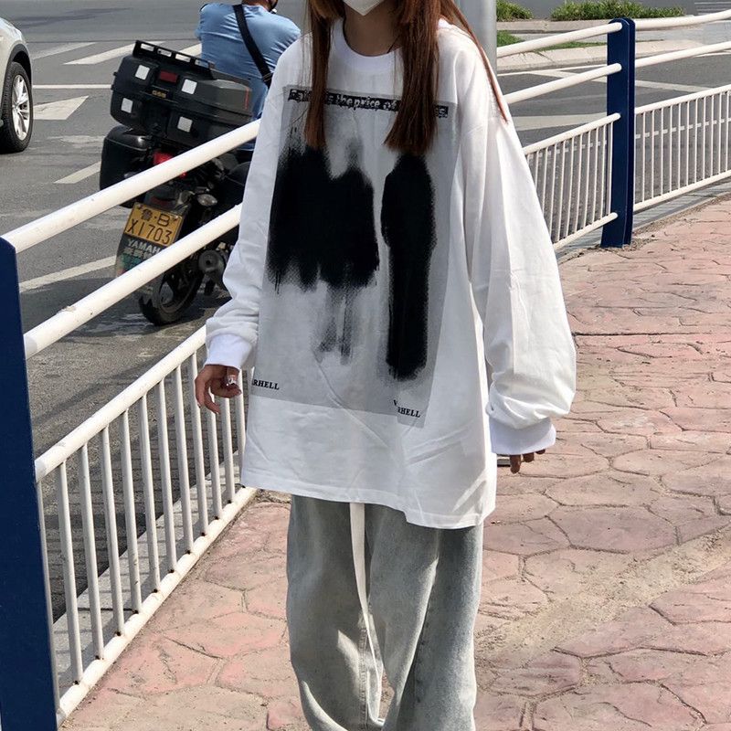長袖t恤女圓領寬松bf原宿港風時尚百搭特大碼遮肉上衣春秋新款【聚寶屋】
