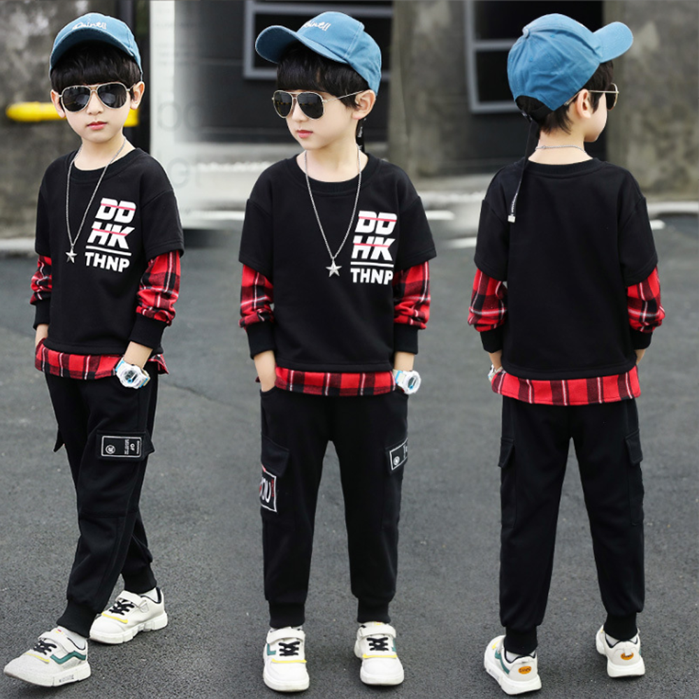 男童秋冬新款韓版假兩件格子衫時尚套裝TD028