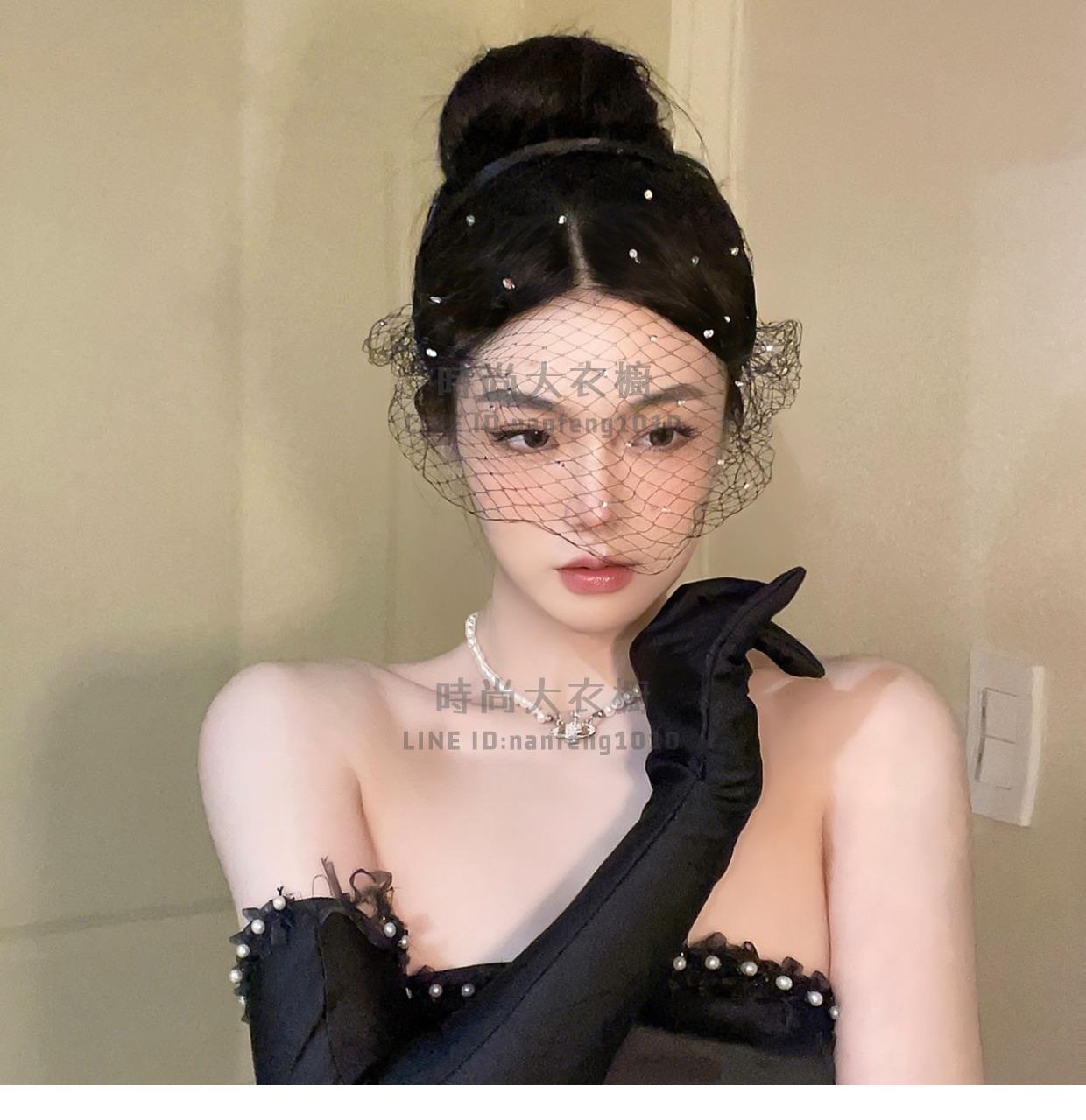 黑色復古發飾女旗袍新娘頭紗面紗古風高階感頭飾萬聖節【時尚大衣櫥】